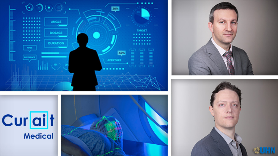 Collage of images including Curait logo, person staring at computer imagery, person undergoing radiation and headshots of Dr. Chris McIntosh and Dr. Thomas Purdie